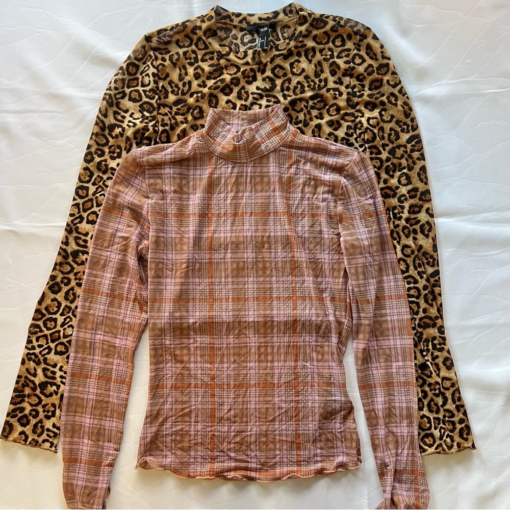 2 Forever 21 Mesh Tops Long Sleeve Shirt Plaid Cheetah Leopard Print